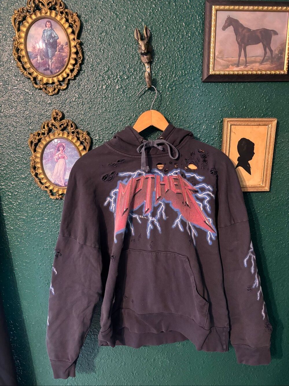 Mother The Whip It Washed Black Distressed Lightning Hoodie Sz Large